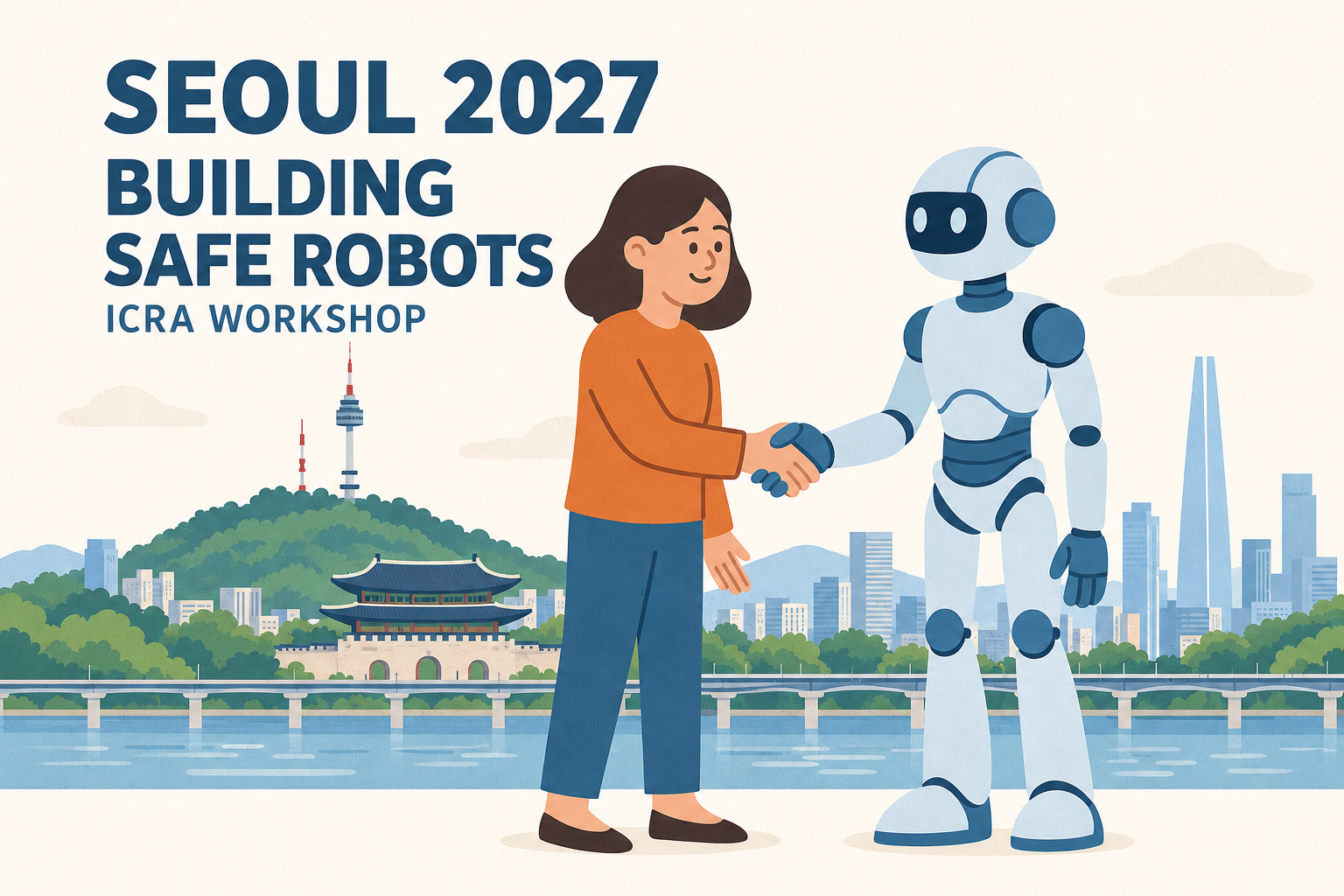 Building Safe Robots in Seoul: a person and robot shaking hands beside the Han River